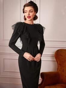 Vintamour Mesh Contrast Long Sleeve Dress - Black - View 6