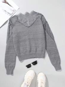 SHEIN LUNE Suéter de punto de unicolor con parches de encaje para mujer, otoño e invierno - Gris Claro - Ver 2