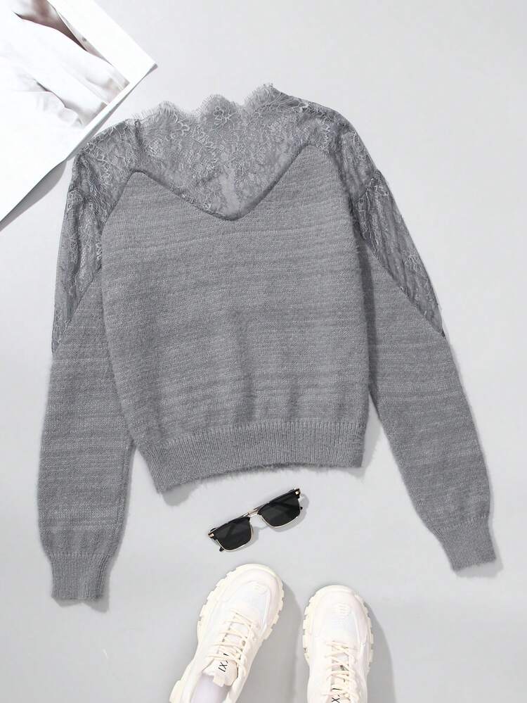 Women's Solid Color Knitted Sweater With Lace Patchwork Fall Winter