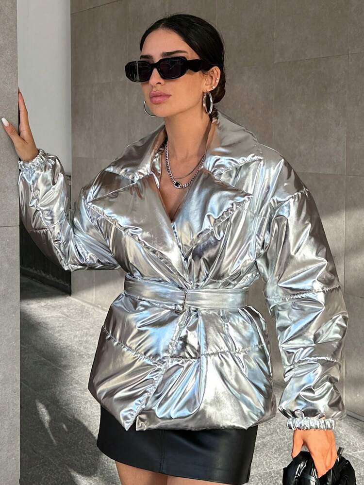 EURMUSE Abrigo Acolchado Con Cinturón Plateado Para La Cintura - Plateado - Añade 4