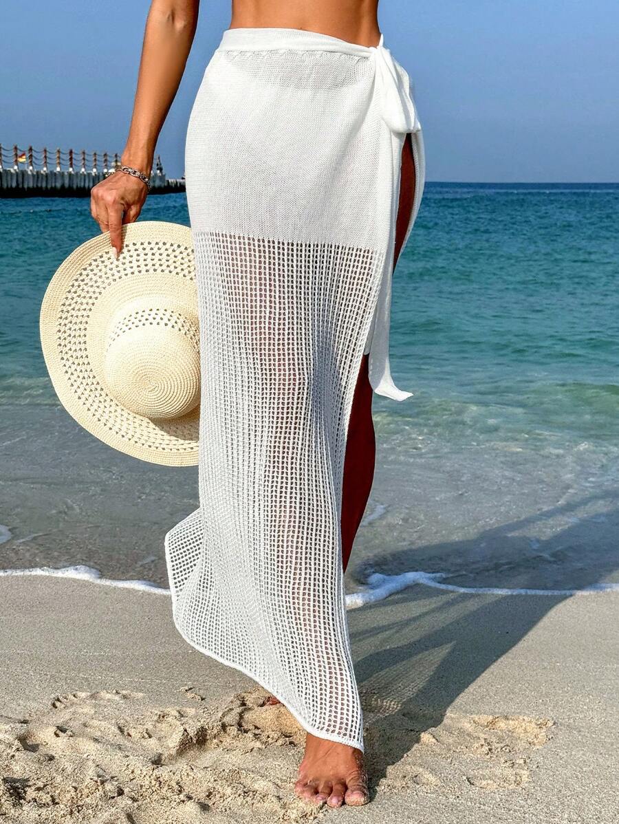 SHEIN Swim 镂空针织罩衫裙，适合夏季海滩度假 - 白色 - 查看 1