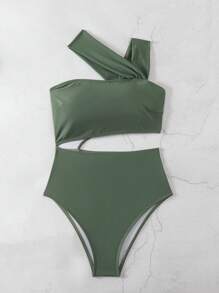 SHEIN Swim 女士純色不對稱肩一片式泳衣 - 軍綠色 - 查看 3