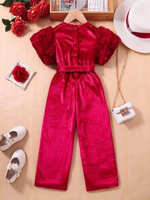 SHEIN 年轻女孩立体花朵装饰天鹅绒连体裤 - 酒紅色 - 查看 2