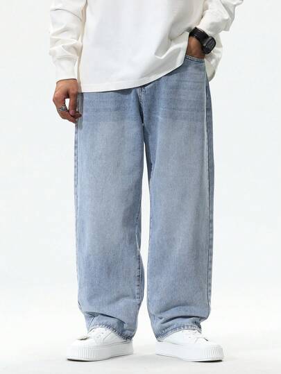 Manfinity Hypemode 男士寬鬆直筒牛仔褲，大尺寸長版休閒滑板褲，帶口袋純色淺藍色外出約會Y2K風格