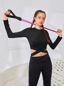 SHEIN 少女純色針織十字腰運動上衣 - 黑色 - 查看 1
