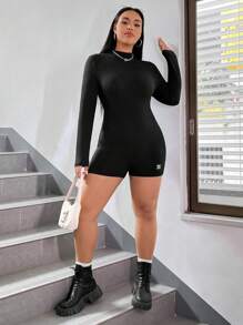 SHEIN EZwear Plus Size Black Knitted Long Sleeve Romper - Black - View 6