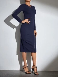 SHEIN Tall Của phụ nữ Vòng cổ Dây thắt lưng Dây kéo Đầm - Màu xanh hải quân - Xem 5