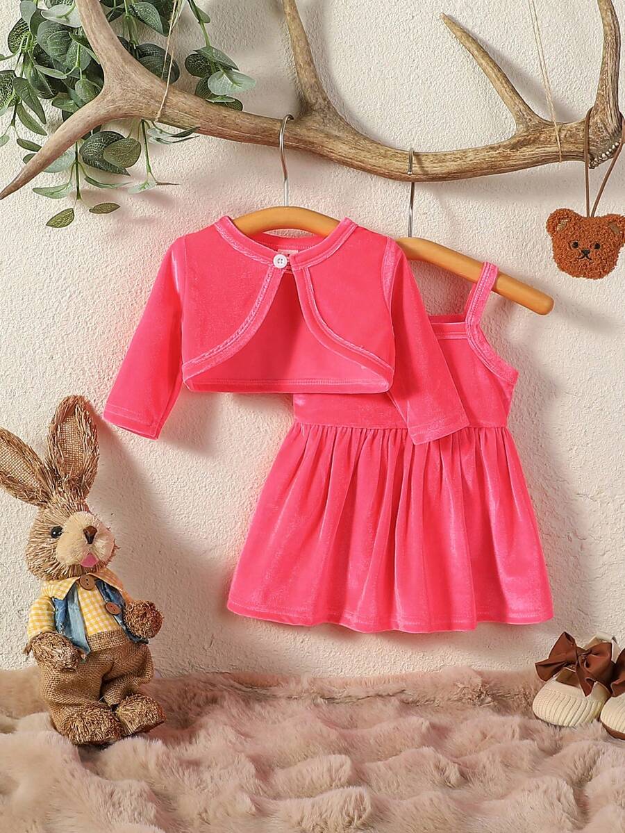 SHEIN Em bé Cô gái Nhung Áo len Mở Và Váy liền áo Bộ , Dễ thương & Retro & Thanh lịch , Tuyệt vời Đối với Kỳ nghỉ Và Buổi tiệc , Mùa thu đông - Hồng - Xem 1