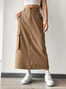 SHEIN EZwear 卡其色梭織女式工裝袋半身裙 - 卡其色 - 查看 4