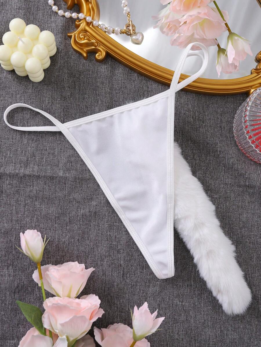 Tanga De Entrepierna Abierta Decorada Con Cola De Peluche De Un Solo Color - Blanco - Ver 1