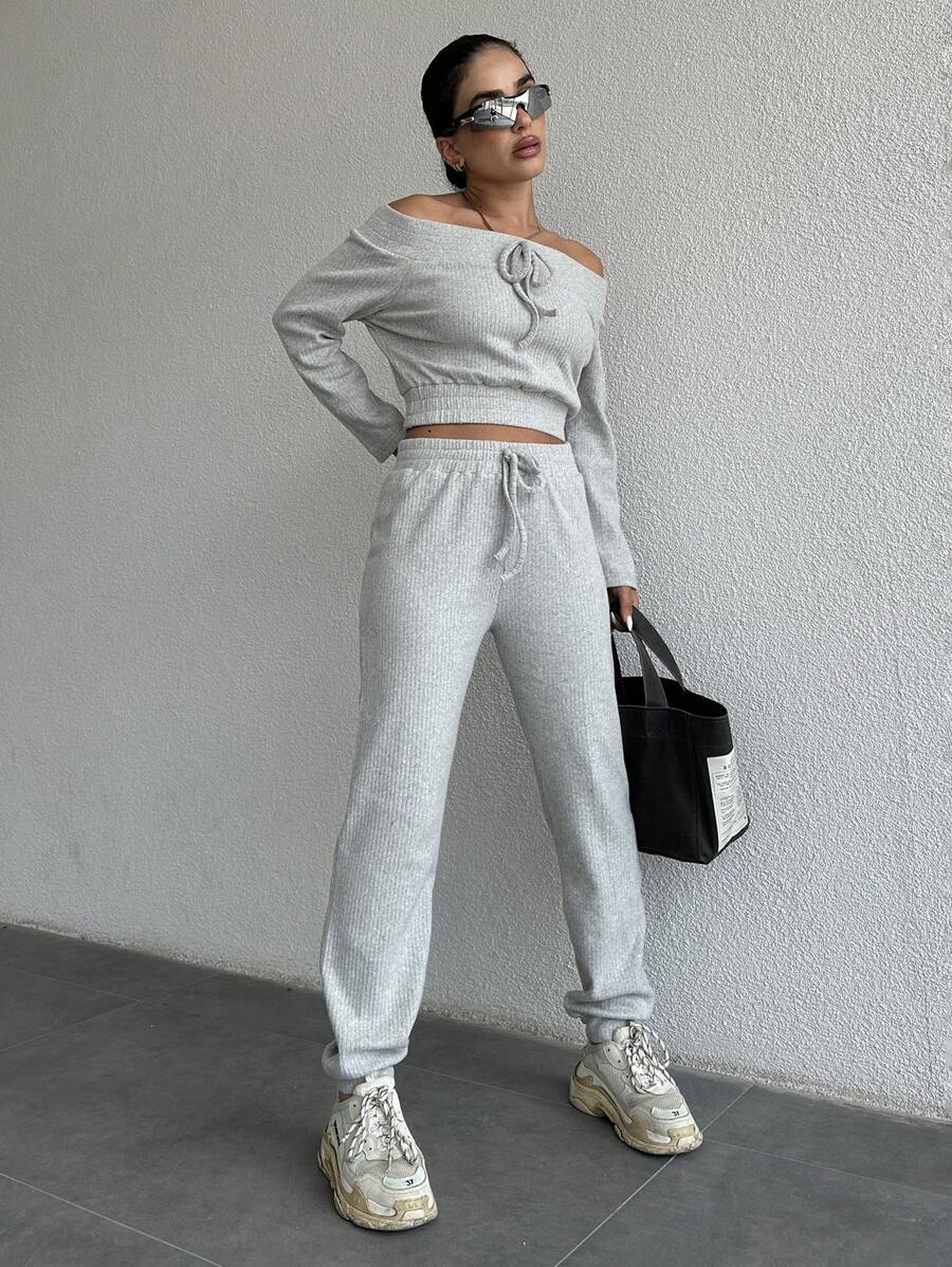 EURMUSE Quý cô Màu thuần Bộ đồ Với thắt lưng - Xám - Xem 1