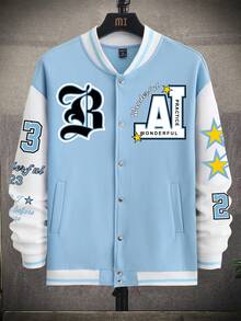 Manfinity EMRG Loose Fit Men's Color Blocked Baseball Jacket With Letter Print - Baby Blue - View 2