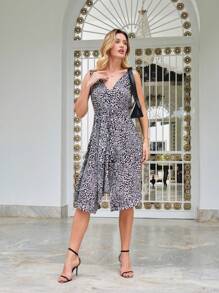 SHEIN 女性動物印花無袖交錯裙,帶摺痕 - 米色 - 查看 4