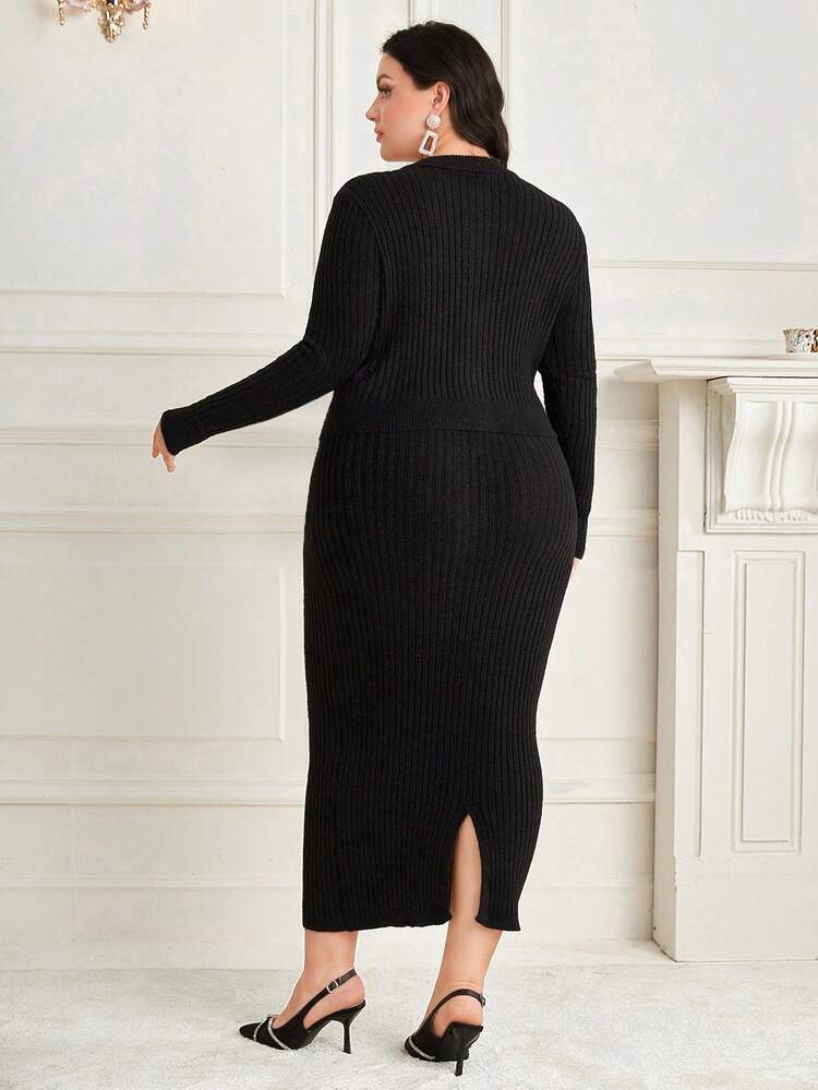 Plus Size Button-Up Cardigan And Hip-Covering Skirt Sweater Set 2 Piece Set