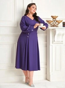 Modelyn Kích thước lớn Xếp li Cổ chữ V Tay áo Đèn lồng Đầm Không có thắt lưng - Màu tím - Xem 3