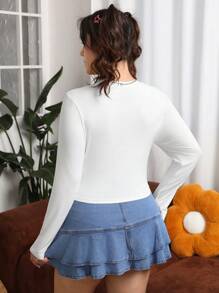 SHEIN EZwear Langarm T-shirt Mit Aufdruck Und Schmaler Passform Buchstabe Muster