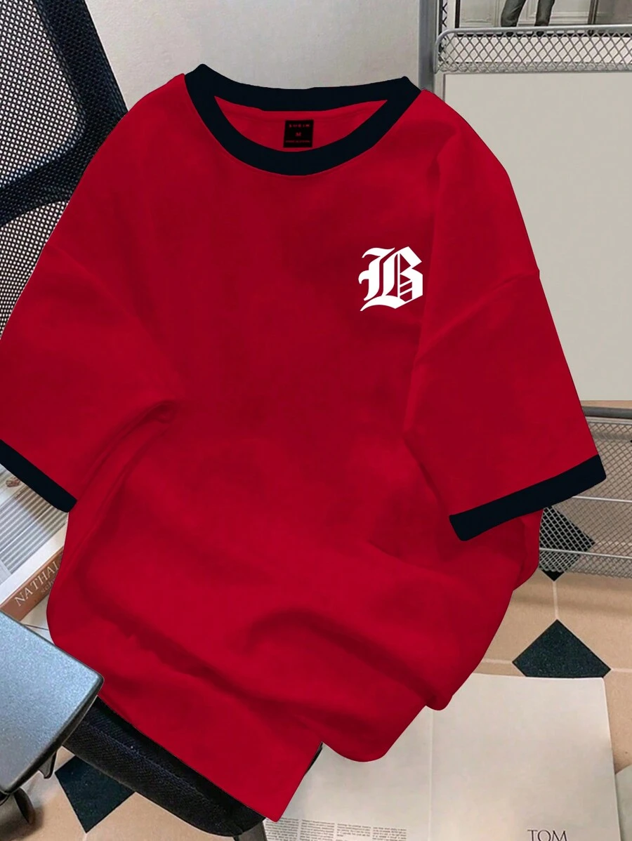 Claim Dot 男撞色鑲邊字母印花 T 卹 - 紅色 - 查看 1