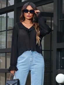 SHEIN Frenchy Women's Casual Long Sleeve Shirt With Ruffled Decor - Black - View 4