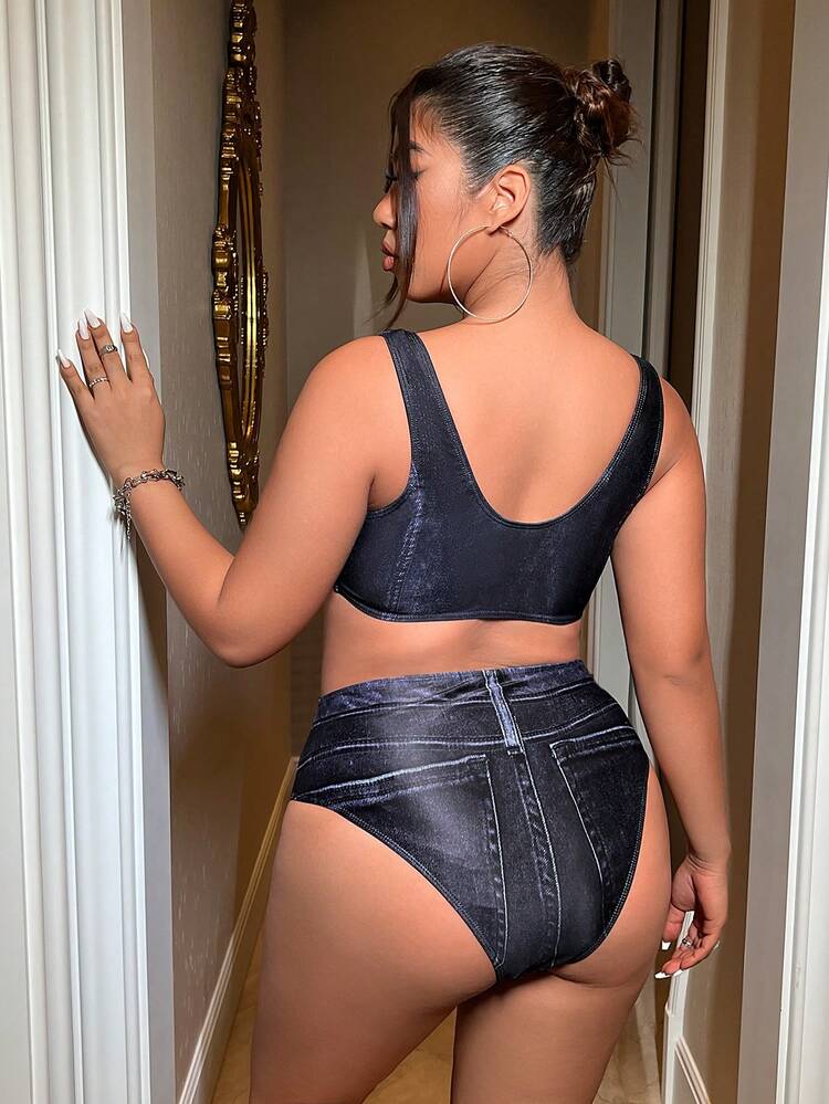 Summer Plus Size Denim Effect Bikini Set