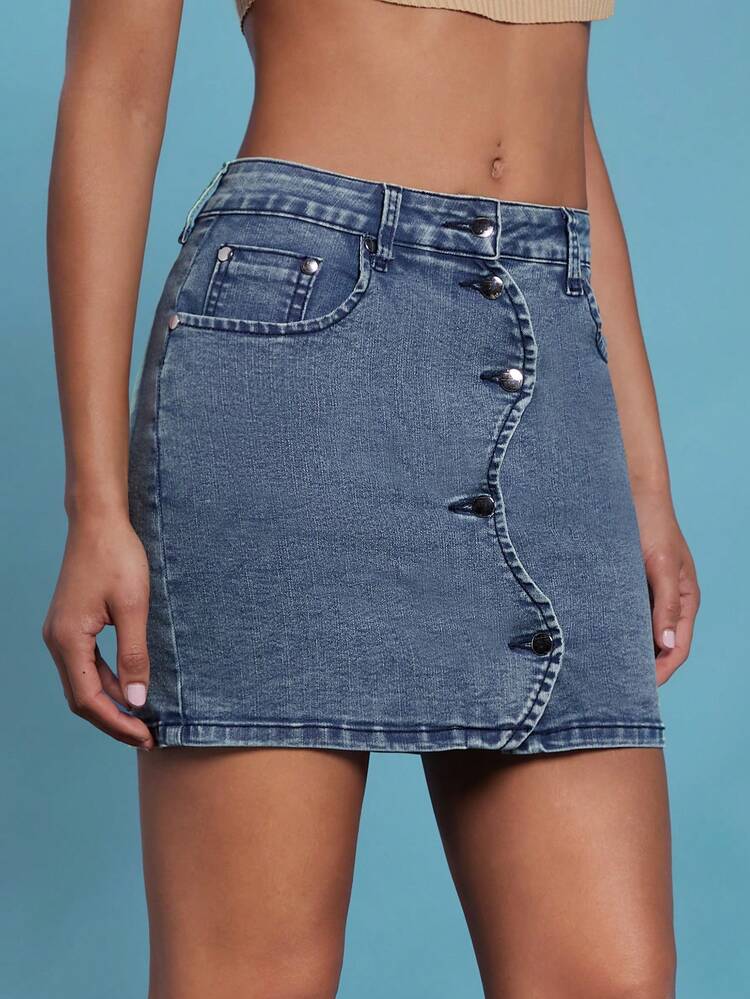 Wave Button Front Mini Denim Skirt