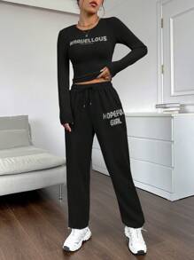 SHEIN EZwear 女士字母印花長袖 T 恤和慢跑褲套裝 - 黑色 - 查看 1