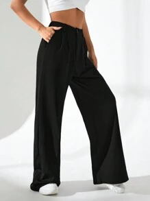 Daily&Casual Solid Color High Waisted Straight Leg Casual Sports Pants - Black - View 5