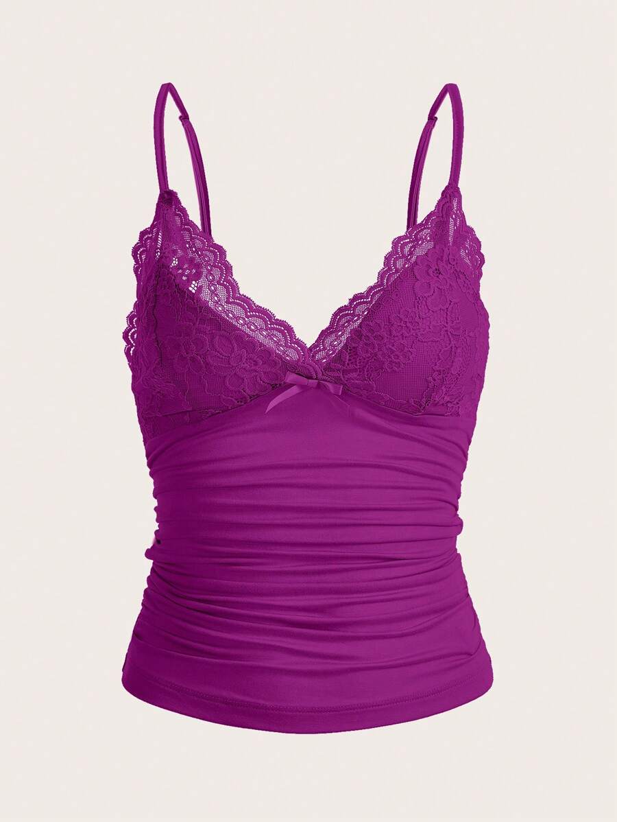 SHEIN ICON Lace Patchwork Pleated Camisole Top - Red Violet - View 1