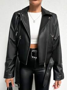 EURMUSE Zipper Design Belted Pu Biker Jacket - Black - View 5