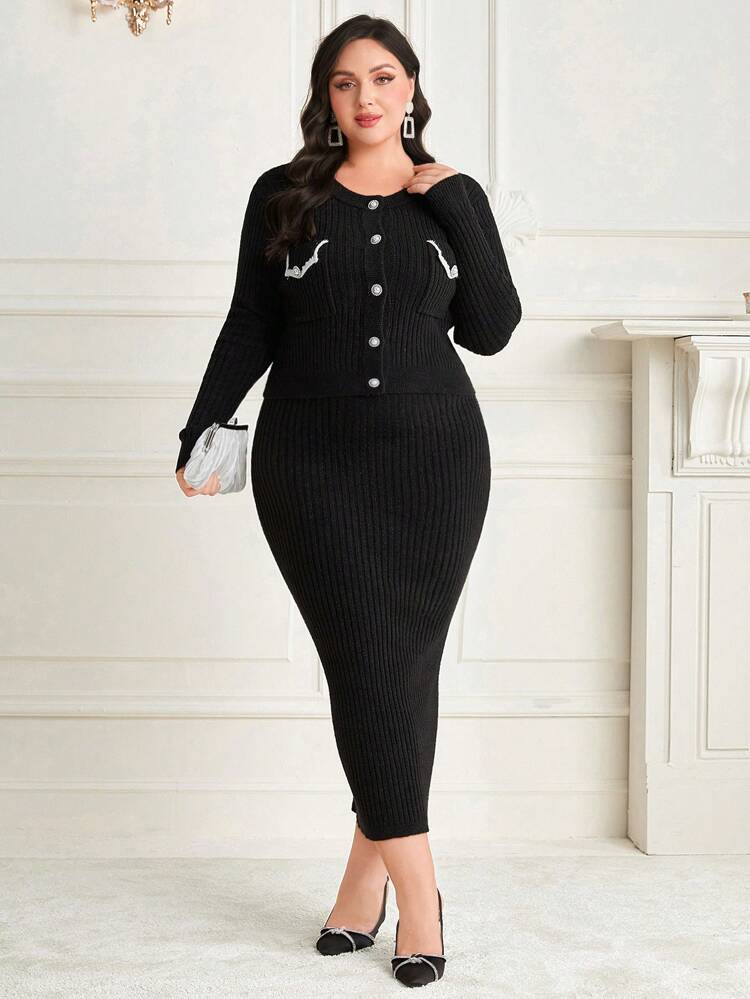 Plus Size Button-Up Cardigan And Hip-Covering Skirt Sweater Set 2 Piece Set