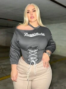 SHEIN SXY Kích thước lớn Của phụ nữ In thư Áo nỉ Với Buộc - Xám - Xem 4