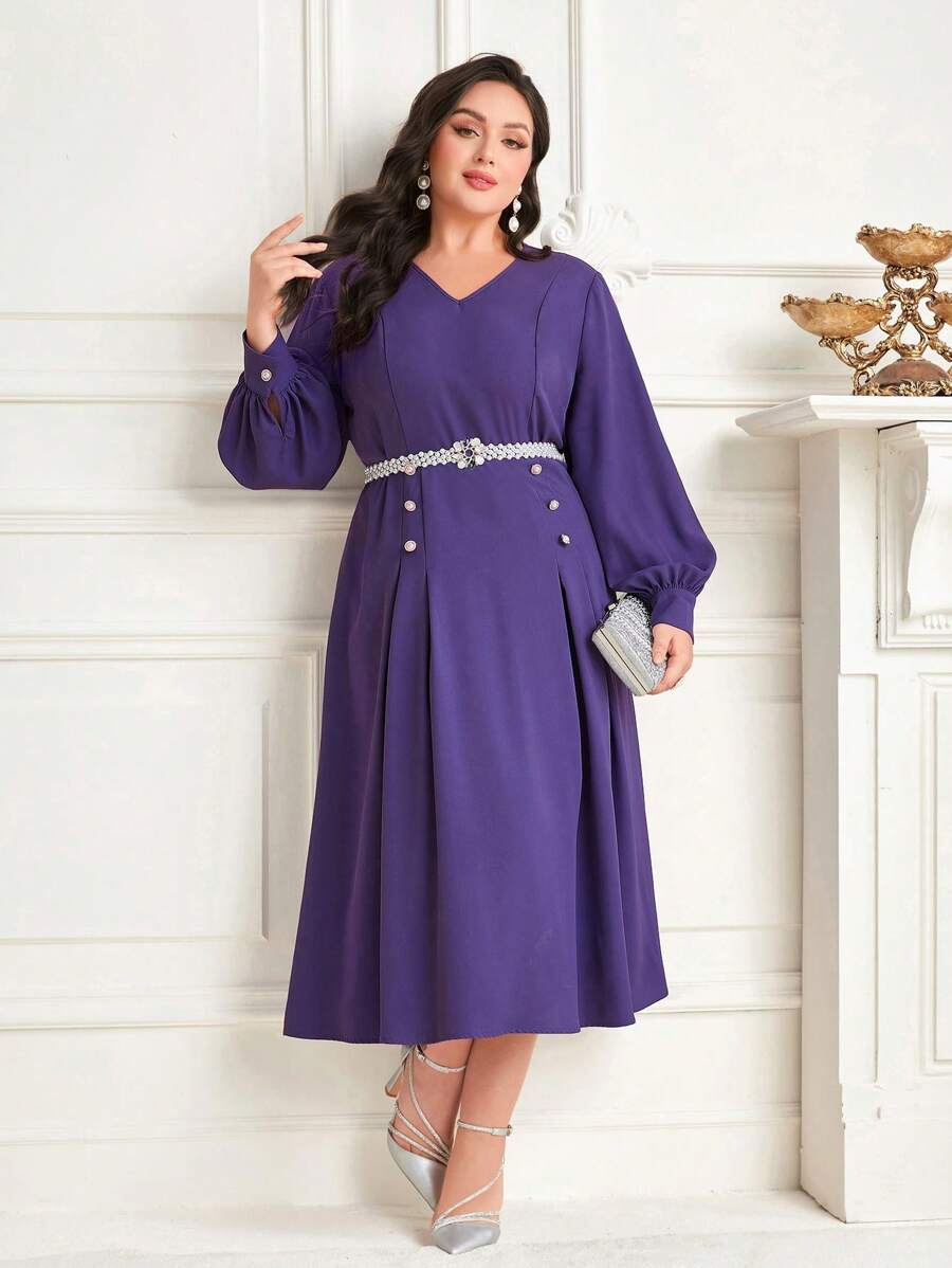Modelyn Kích thước lớn Xếp li Cổ chữ V Tay áo Đèn lồng Đầm Không có thắt lưng - Màu tím - Xem 1