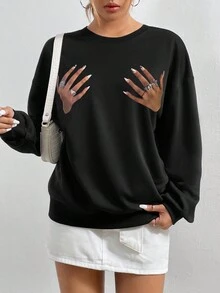 手印下垂肩運動衫 - 黑色 - 查看 3