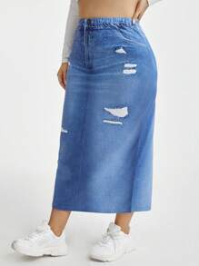 SHEIN Essnce 大尺碼休閒春夏牛仔A字裙 - 藍色 - 查看 3