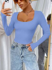 SHEIN EZwear 女款純色長袖修身圓領T恤 - 淺藍色 - 查看 3