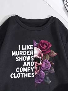 SHEIN EZwear Text And Skull Printed Round Neck Casual Sweatshirt - Black - View 5