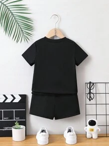 SHEIN Young Boy Round Neck Black Printed 2pcs Set - Multicolor - View 2