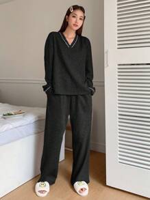 DAZY Women's Color-Block Striped Homewear Set Fall,Winter Pajama - Black - View 4