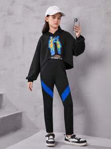 Tween Girls' Knitted Hoodie Sweatshirt & Letter Printed Elastic Waistband Pants Streetwear Sportswear Set