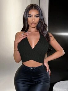 SHEIN SXY 女款純色掛脖交叉針織上衣 - 黑色 - 查看 4