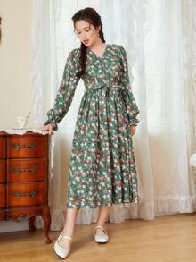 SHEIN Váy dài thường ngày cổ chữ V in hoa dệt cho bé gái tuổi teen - Màu xanh Bạc hà - Xem 5