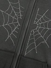 SHEIN Tween Girls' Spider Web & Rhinestone Decor Sweatshirt With Pockets And Thermal Lined - Dark Grey - View 4