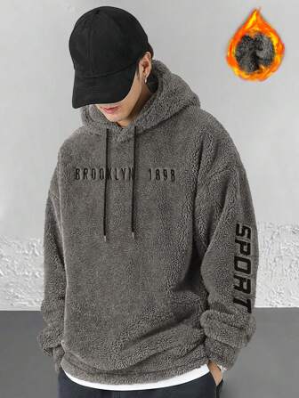Manfinity Roghcode Oversized Men's Teddy Bear Drawstring Hooded Sweatshirt With Drop Shoulder And Letter Embroidery, Fall/Winter