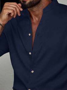 Manfinity Homme 純色立領長袖襯衫，海軍藍男士襯衫，深藍色男士襯衫，適合秋季，正式場合 - 寶藍色 - 查看 8