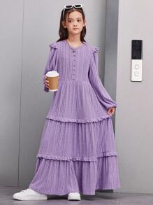 SHEIN Tween Girl's Loose Retro Maxi Ruffle Dress - Purple - View 4