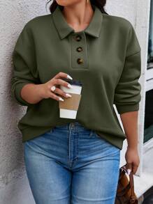 SHEIN CURVE+ Hơn Cổ Polo Thả vai Áo nỉ Nhiệt - xanh quân đội - Xem 4