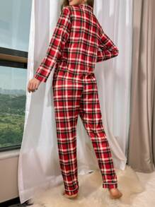 Merry Christmas Plaid Print Contrast Piping PJ Set / Pajama Set - Multicolor - View 2