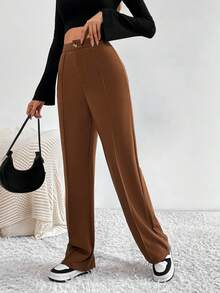 SHEIN Tall 高腰直筒純色長褲 - 棕色 - 查看 5