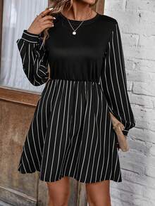 SHEIN LUNE Women's Round Neck Striped Dress - Black and White - View 5