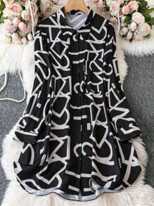 SHEIN LUNE Plus Size Alphabet Printed Shirt - Black - View 1