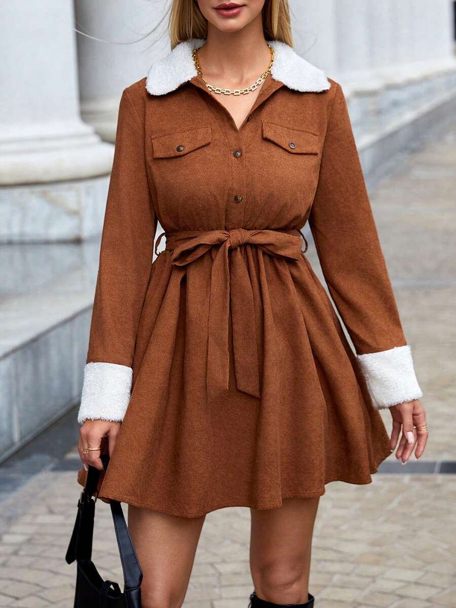 SHEIN Essnce Khối màu Thắt lưng Đầm Midi - Nhiều màu - Xem 1